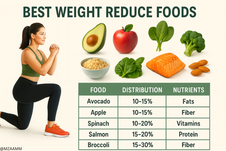 Best Weight Reduce Foods and exercise with food distribution details and nutrient table with examples